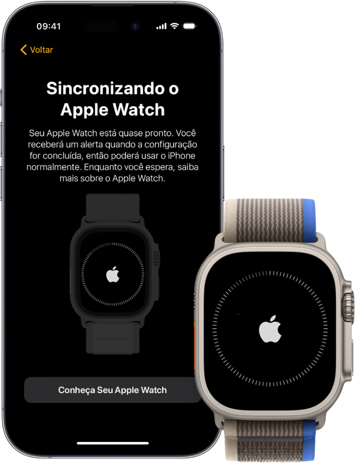 Um iPhone e um Apple Watch mostrando suas telas de sincronização.