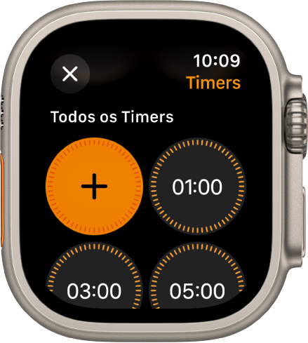 Tela do app Timer, mostrando o botão adicionar para criar um novo timer e timers rápidos para 1, 3 ou 5 minutos.