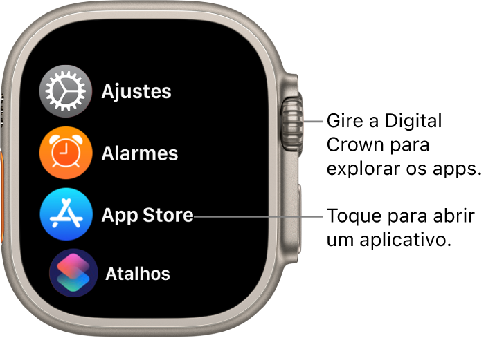 Tela de Início na visualização em lista no Apple Watch, com os apps em lista. Toque em um app para abri-lo. Role para ver mais apps.