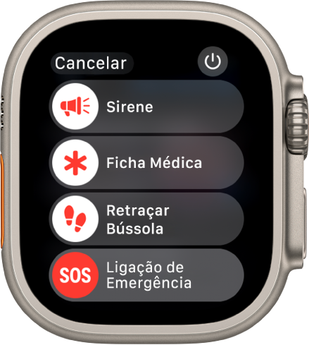 A Tela do Apple Watch mostrando quatro controles: Sirene, Ficha Médica, Retraçar Bússola e Ligação de Emergência. O botão de Força encontra-se na parte superior direita.
