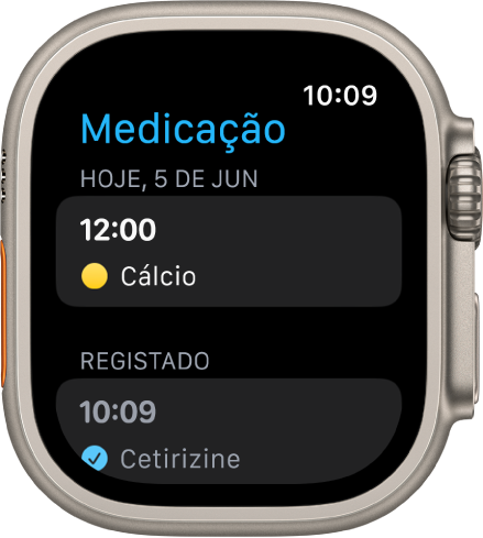 O ecrã “Medicação” a mostrar um medicamento que deve ser tomado ao meio-dia e um medicamento registado.