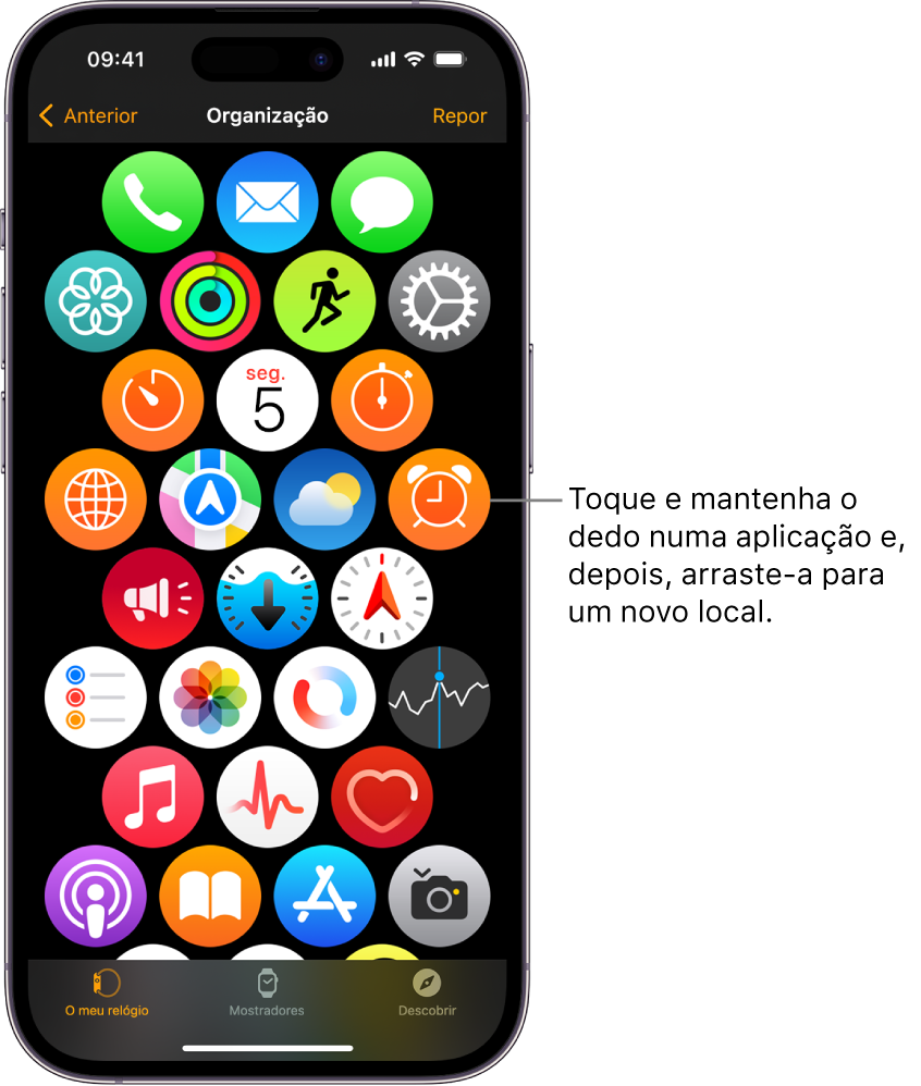 O ecrã Organização na aplicação Apple Watch, com uma grelha de ícones.