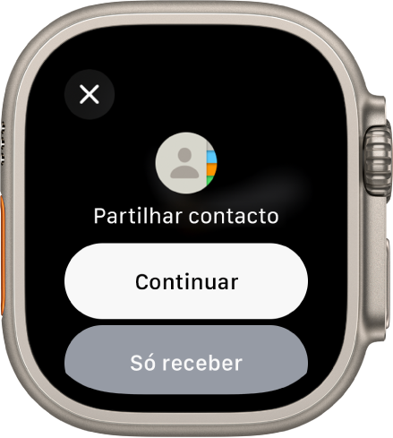 O ecrã NameDrop com dois botões: Continuar, que permite receber um contacto, assim como partilhar o seu, e Receber apenas, para receber apenas as informações de contacto da outra pessoa.