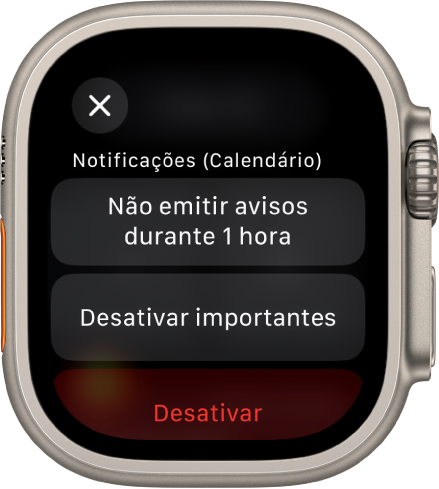 Definições de notificação no Apple Watch. O botão superior apresenta “Não emitir avisos durante 1 hora”. Por baixo estão botões “Desativar urgentes” e “Desativar”.