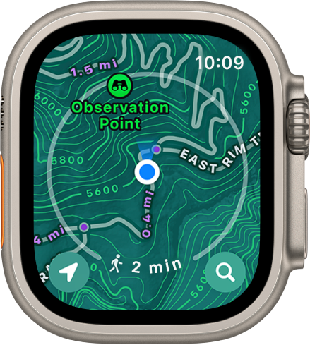 O Apple Watch Ultra a mostrar um mapa topográfico.