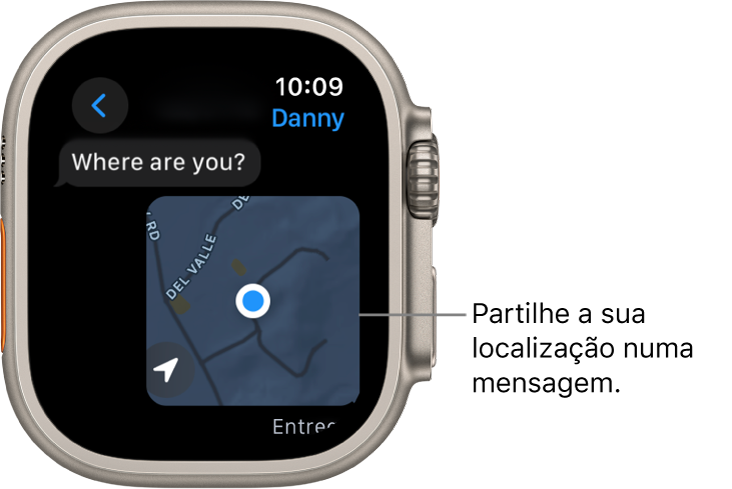 A aplicação Mensagens a mostrar um mapa com a localização de uma pessoa assinalada.