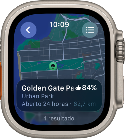 A aplicação Mapas, com um mapa do Golden Gate Park em São Francisco, juntamente com uma classificação do parque, o horário de funcionamento e a distância a partir da localização atual. O botão “Rotas” encontra-se na parte superior direita. O botão “Voltar” encontra-se na parte superior esquerda.