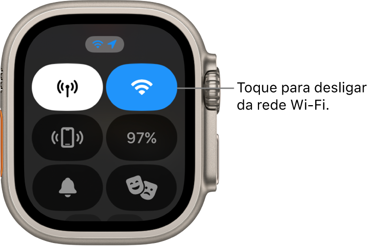 A central de controlo no Apple Watch Ultra, com o botão Wi-Fi no canto superior direito. A chamada diz: “Toque para desligar da rede Wi-Fi.”