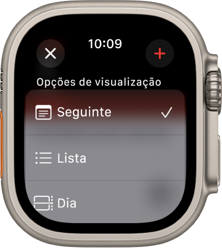 Ecrã do Calendário a mostrar um botão “Novo evento” na parte superior e três opções de vista em baixo: “Seguinte”, “Lista” e “Dia”. O botão “Adicionar” encontra-se na parte superior direita.