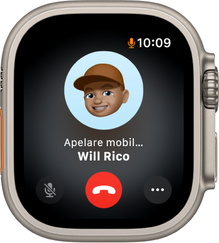 Aplicația Telefon afișând efectuarea unui apel. Imaginea unui contact este în mijloc, cuvintele “Apel pe mobil” și numele contactului sunt dedesubt. În partea de jos sunt butoanele Mod mut, Încheiați apelul și Mai multe opțiuni.