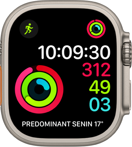 Cadranul de ceas Activitate digital prezentând ora și progresul obiectivelor de mișcare, antrenament și stat în picioare. Mai sunt și trei complicații: Exerciții în stânga sus, Activitate în dreapta sus și complicația Condiții meteo în partea de jos.