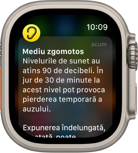 Un Apple Watch afișând o notificare Zgomot. Pictograma aplicației asociate cu notificarea apare în stânga sus. O puteți apăsa pentru a deschide aplicația.