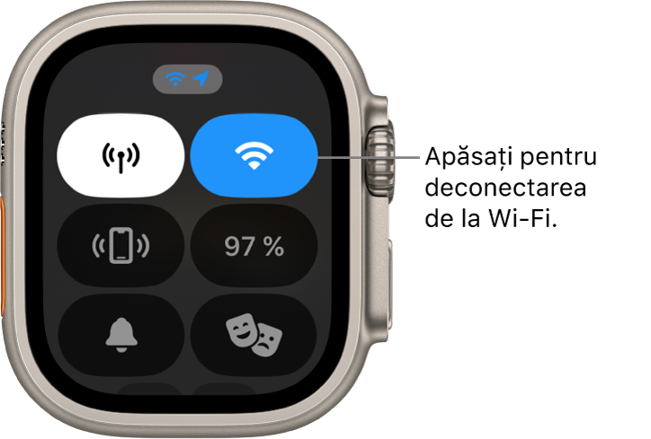 Centrul de control de pe Apple Watch Ultra, cu butonul Wi‑Fi în dreapta sus. Explicația are textul “Apăsați pentru deconectare de la Wi‑Fi”.
