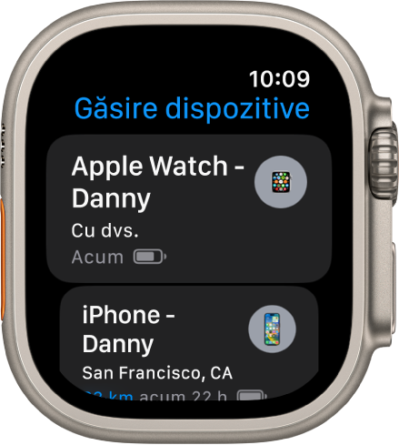 Aplicația Găsire dispozitive afișând două dispozitive: un Apple Watch și iPhone.