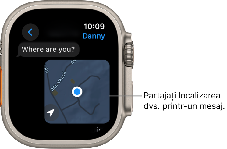 Aplicația Mesaje prezentând o hartă cu localizarea marcată a unei persoane.