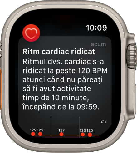 Ecranul Ritm cardiac ridicat afișând o notificare conform căreia ritmul dvs. cardiac s‑a ridicat la peste 120 BPM timp de 10 minute când nu păreați să fi avut activitate.