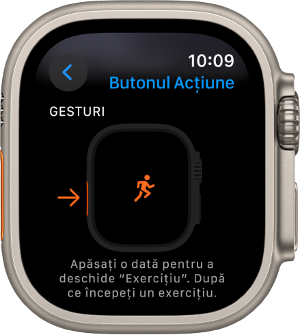 Ecranul Butonul Acțiune de pe Apple Watch Ultra, afișând Exerciții drept acțiune și aplicație alocată. Apăsarea butonului Acțiune o dată deschide aplicația Exerciții.