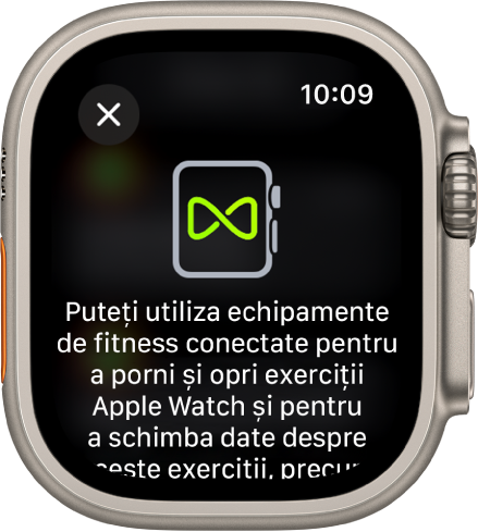 Un ecran de asociere care apare atunci când asociați Apple Watch-ul cu echipamentul de fitness.