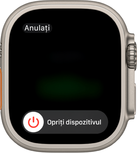 Ecranul Apple Watch-ului prezentând glisorul Glisați pentru oprire. Trageți glisorul pentru a opri Apple Watch-ul.