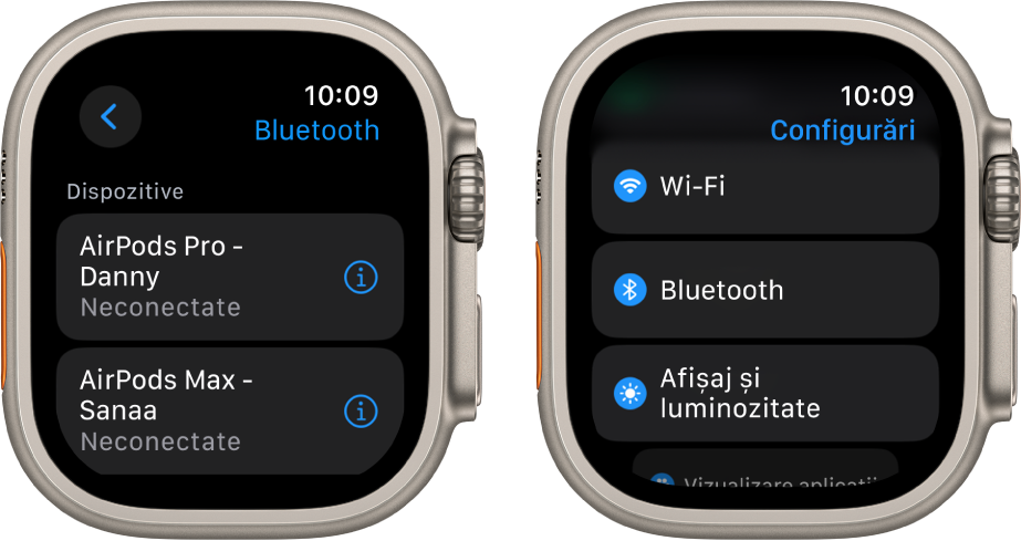 Două ecrane unul lângă celălalt. În stânga se află un ecran care listează două dispozitive Bluetooth disponibile: AirPods Pro și AirPods Max, niciunul dintre acestea nefiind conectat. În partea dreaptă se află ecranul Configurări, afișând butoanele Wi‑Fi, Bluetooth și Afișaj și luminozitate sub formă de listă.