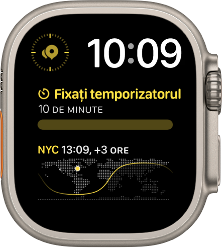 Cadranul de ceas Modular Duo afișează un ceas digital lângă partea din dreapta sus și trei complicații: Punct de reper Busolă în stânga sus, Temporizatoare în mijloc și Ora pe glob în partea de jos.
