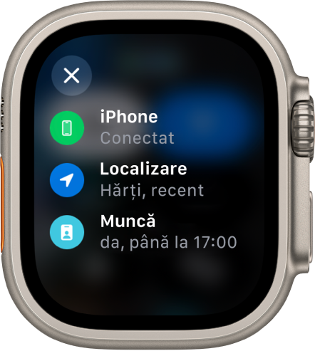 Starea centrului de control prezentând iPhone‑ul conectat, localizarea utilizată recent de către aplicația Hărți și modul de concentrare Muncă activat până la 17:00.