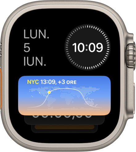 Stivă inteligentă pe Apple Watch Ultra afișând trei widgeturi: Ziua și data în stânga sus, ora digitală în dreapta sus și Ceas global în mijloc.