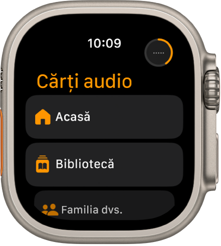 Aplicația Cărți audio prezentând butoanele Acasă, Bibliotecă și Familia dvs.