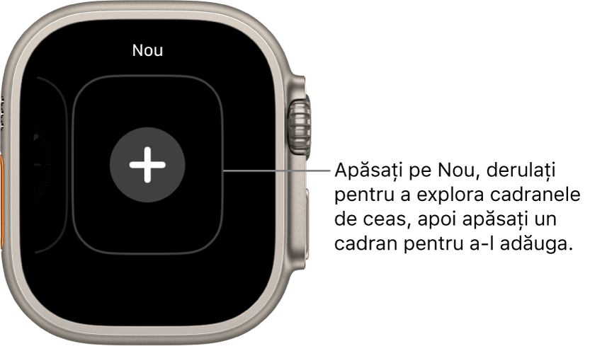 Ecranul noului cadran de ceas, cu un buton plus în mijloc. Apăsați pentru adăugarea unui nou cadran de ceas.