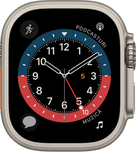 Cadranul de ceas GMT, unde puteți ajusta culoarea cadranului. Acesta prezintă patru complicații: Exerciții în stânga sus, Mesaje în dreapta sus, Temporizatoare în stânga jos și Muzică în dreapta jos.