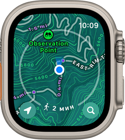 На Apple Watch Ultra показана топографическая карта.