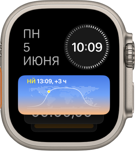 В Смарт-стопке на Apple Watch Ultra показано три виджета: для дня недели и даты в верхнем левом углу, времени в цифровом формате в правом верхнем углу и «Мировые часы» посередине.