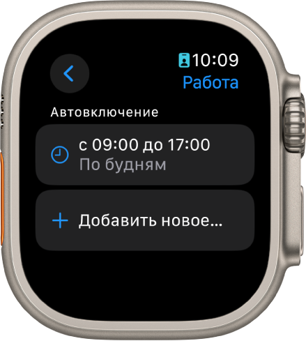 На экране режима фокусирования «Работа» показано расписание: с 9:00 до 17:00 по будним дням. Ниже находится кнопка «Добавить новое».