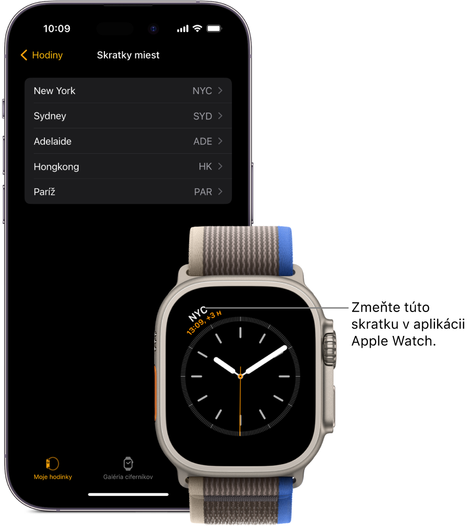 iPhone a hodinky Apple Watch položené vedľa seba. Na obrazovke hodiniek Apple Watch sa zobrazuje čas v New Yorku, uvedený pod skratkou NYC. Na obrazovke iPhonu sa zobrazuje zoznam miest v nastaveniach Hodiny v apke Apple Watch.