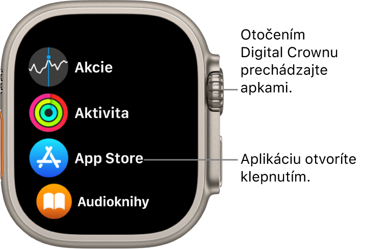Plocha hodiniek Apple Watch v zobrazení Zoznam s apkami usporiadanými v zozname. Klepnutím na apku ju otvoríte. Rolovaním zobrazíte ďalšie aplikácie.