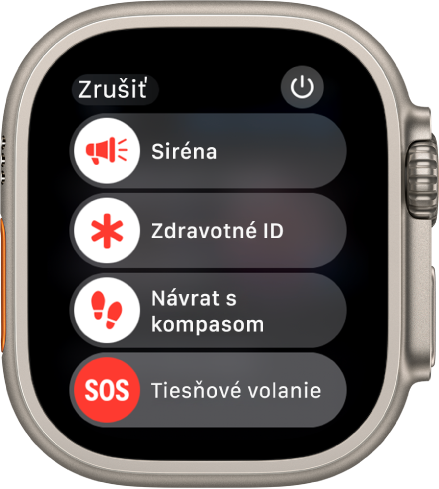 Obrazovka Apple Watch zobrazujúca štyri posuvníky: Siréna, Zdravotné ID, Návrat s kompasom a Tiesňové volanie. Vpravo hore sa nachádza tlačidlo napájania.