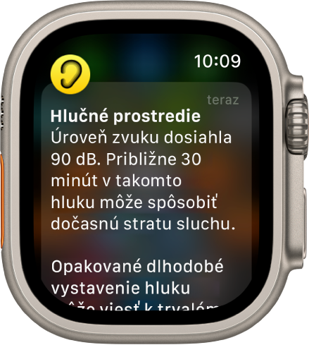 Apple Watch so zobrazeným hlásením o nadmernom hluku. Vľavo hore sa zobrazí Ikona aplikácie súvisiacej s hlásením. Klepnutím na ňu otvoríte danú aplikáciu.