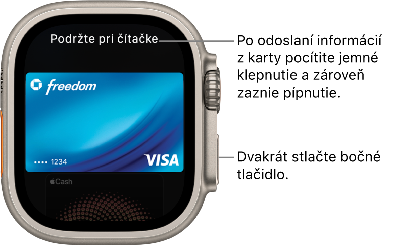 Obrazovke Apple Pay s pokynom „Podržte pri čítačke“ v hornej časti. Keď sa odošlú informácie o karte, pocítite jemné klepnutie a budete počuť pípnutie.