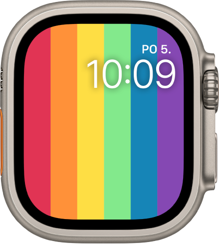 Digitálny ciferník Pride zobrazujúci vertikálne dúhové pruhy a dátum a čas vpravo hore.