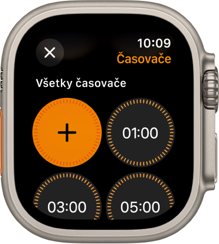 Obrazovka apky Časovač zobrazujúca tlačidlo Pridať na vytvorenie nového časovača a rýchle časovače na 1, 3 alebo 5 minút.