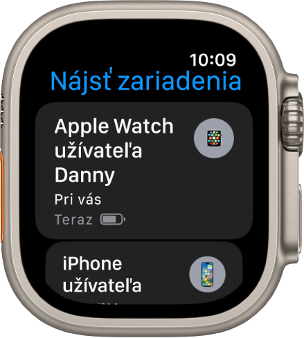 Apka Nájsť zariadenia zobrazujúca dve zariadenia – hodinky Apple Watch a iPhone.