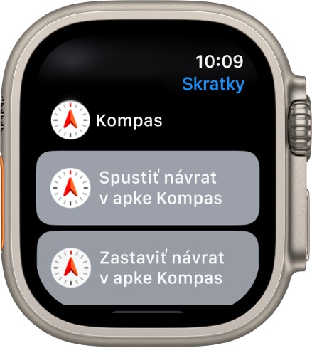 Apka Skratky na hodinkách Apple Watch s dvomi skratkami apky Kompas – Začať návrat s kompasom a Ukončiť návrat s kompasom.