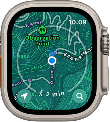 Apple Watch Ultra, ki prikazuje topografski zemljevid.