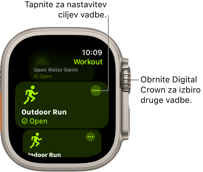 Zaslon Workout (Vadba) z označeno vadbo Outdoor Run (Tek na prostem). Zgoraj desno od ploščice vadbe je gumb More (Več).