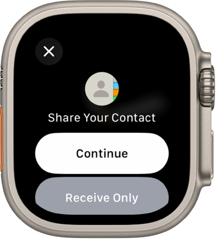 Zaslon NameDrop, ki prikazuje dva gumba – Continue (Nadaljuj), s katerim lahko prejemate stik ter daste v skupno rabo in prejemate samo podatke za stik druge osebe.