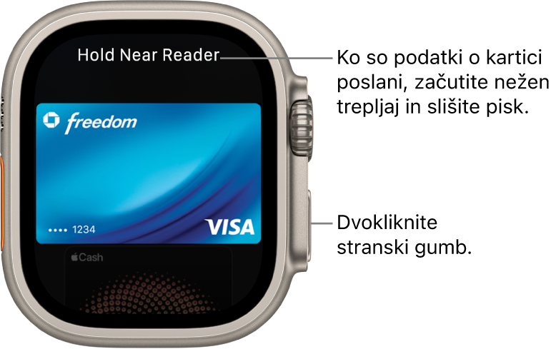 Zaslon Apple Pay z napisom »Hold Near Reader« (Drži blizu bralnika) na vrhu; ob pošiljanju podatkov o kartici boste začutili nežen tresljaj in zaslišali pisk.