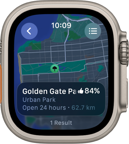 Aplikacija Maps (Zemljevidi), ki prikazuje zemljevid parka Golden Gate v San Franciscu z oceno parka, delovnim časom in oddaljenostjo od vaše trenutne lokacije. V zgornjem desnem kotu je prikazan gumb Routes (Poti). V zgornjem levem kotu je prikazan gumb Back (Nazaj).