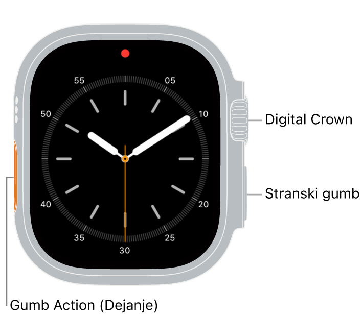 Sprednji del ure Apple Watch Ultra s prikazano številčnico na zaslonu ter z gumbom Digital Crown, mikrofonom in stranskim gumbom od zgoraj navzgor na stranskem delu ure.
