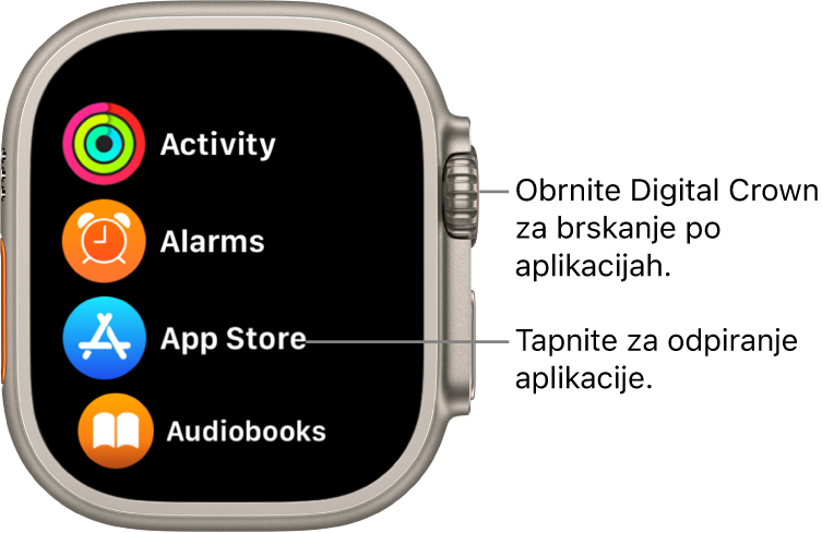 Zaslon Home (Domov) v pogledu seznama v uri Apple Watch in aplikacije na seznamu. Tapnite aplikacijo, ki jo želite odpreti. Podrsajte, če želite videti več aplikacij.