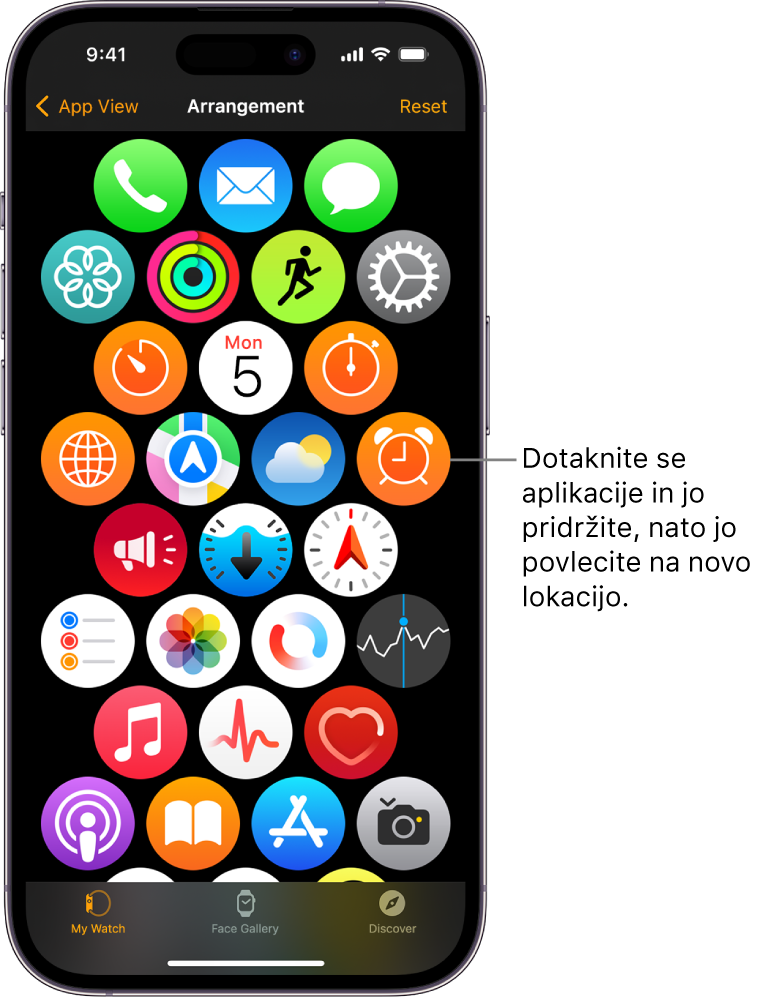 Zaslon Arrangement (Razporeditev) v aplikaciji Apple Watch, ki prikazuje mrežo ikon.